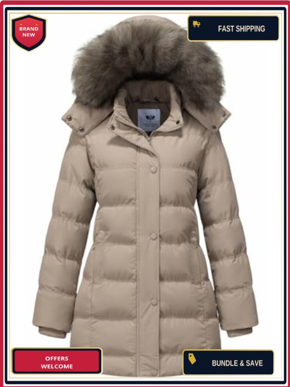 Women's Quilted Puffer Jacket Removable Fur Hood Waterproof Winter